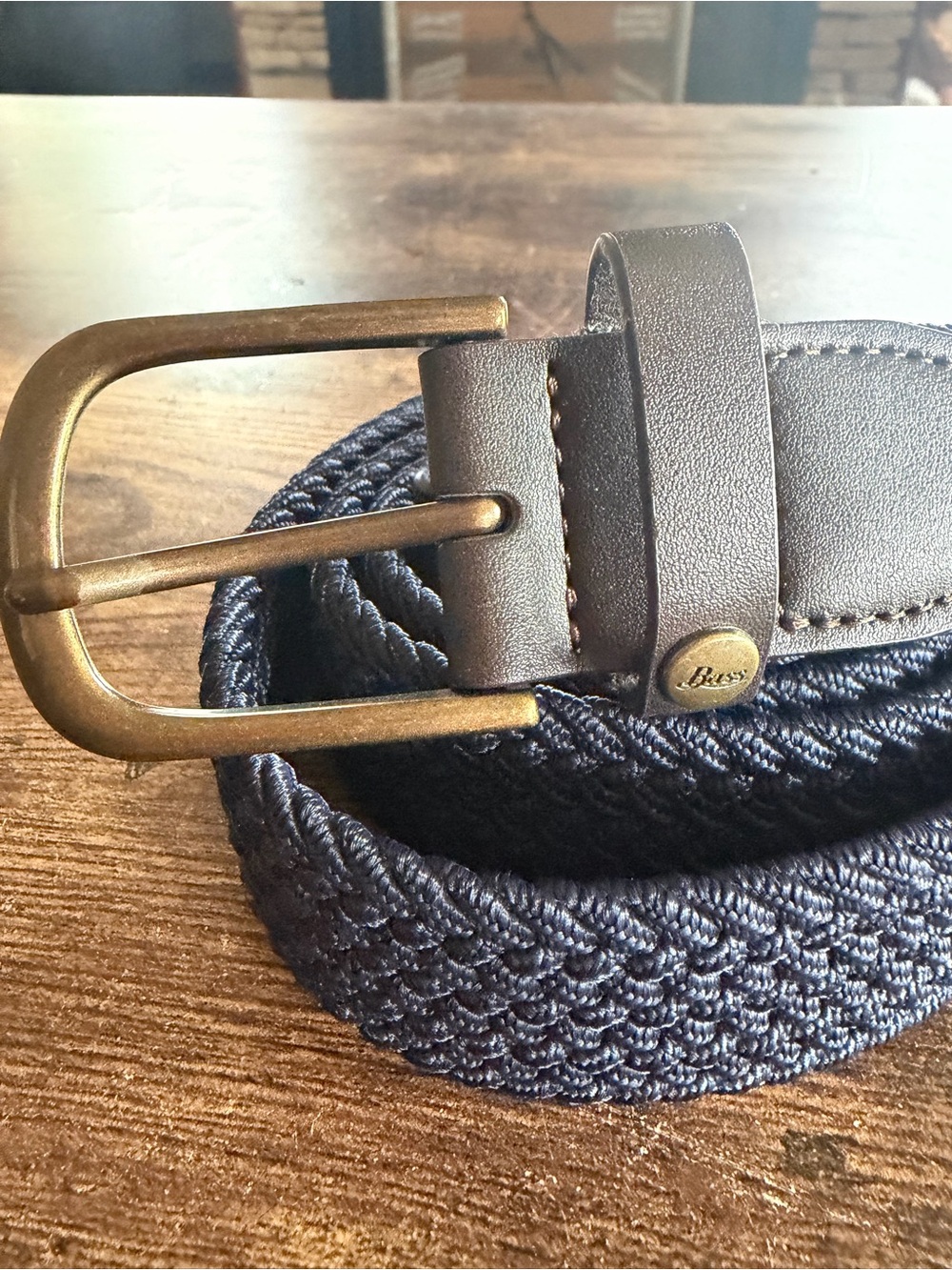 Bass Navy Woven Belt with Brown Leather and Brass Buckle